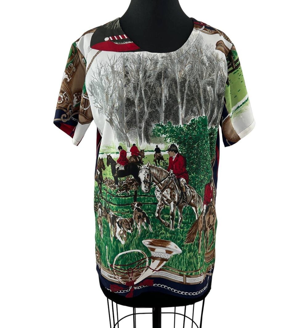DORA Collection Graphic Equestrian T-Shirt Horses Jockeys Hunting Dogs L UNIQUE